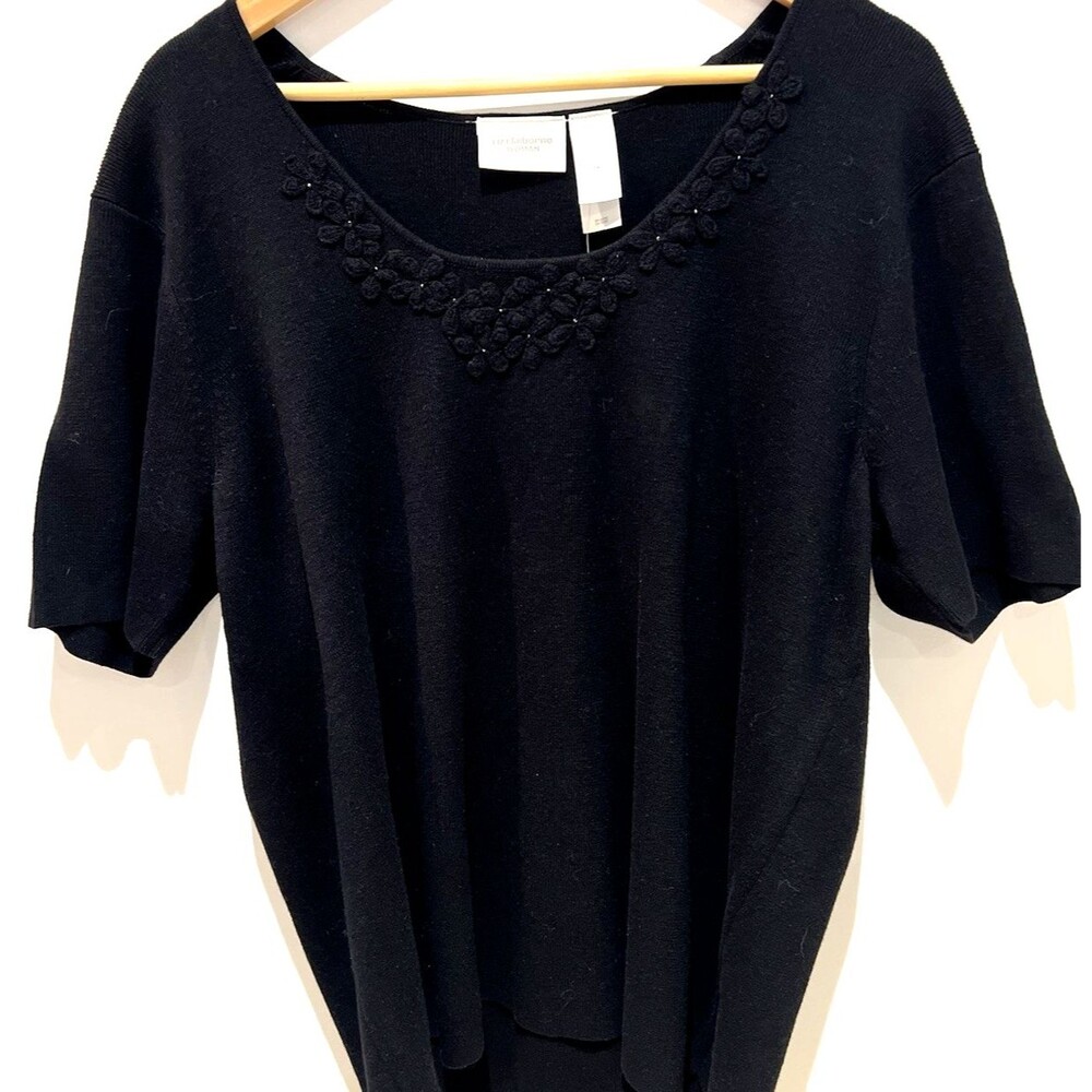 Liz Claiborne Woman's Black Linen Cotton Short Sleeve Sweater Floral Applique 2X